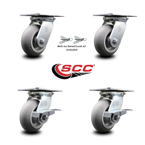 5 Inch Thermoplastic Rubber Swivel Caster Swivel Locks 2 Brakes SCC, 2PK